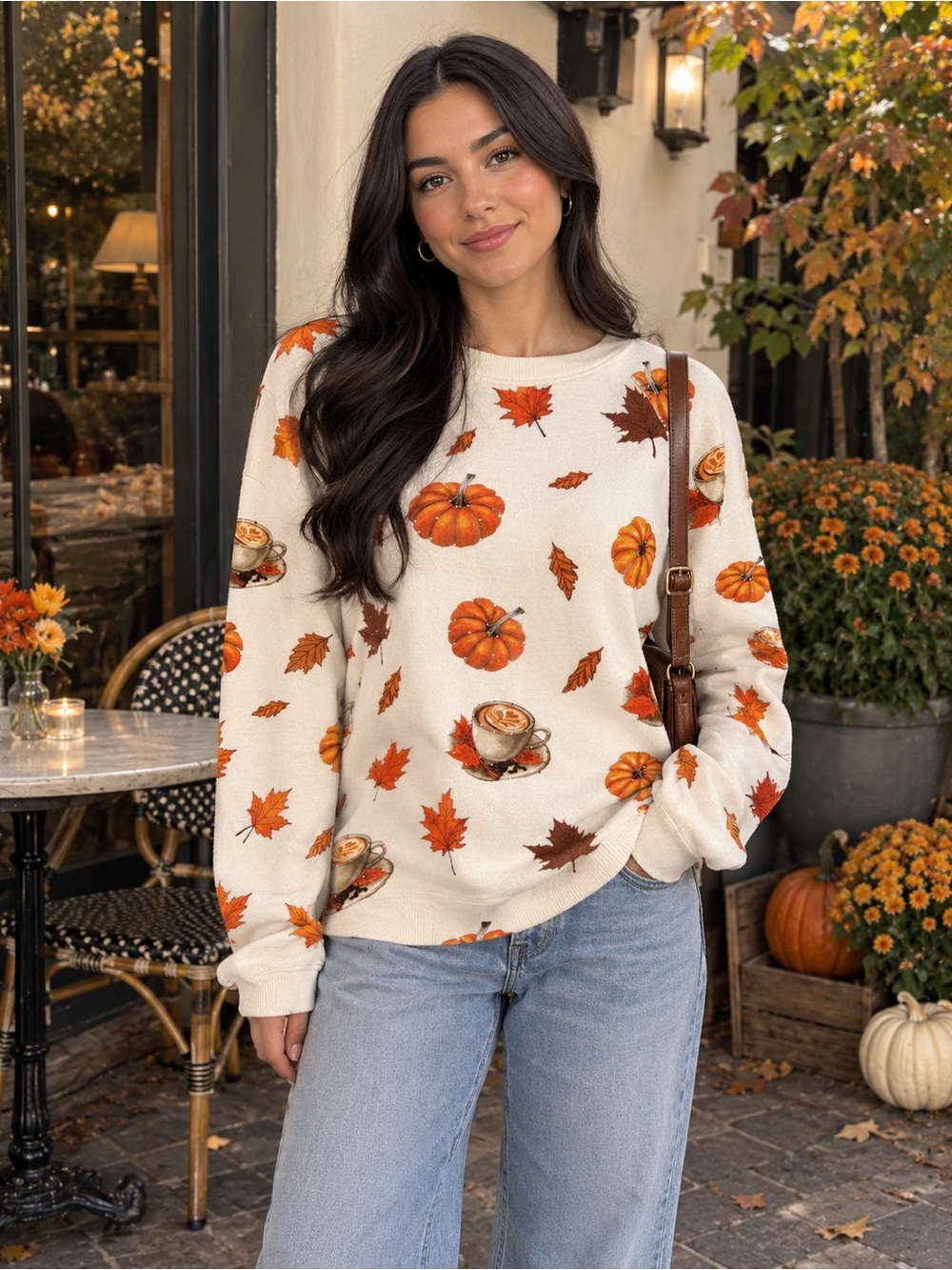 Women's Fall Pumpkin & Latte Crewneck Sweater - White/Orange